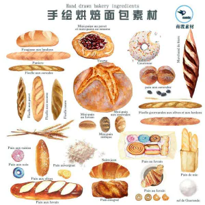 手绘水彩面包烘焙法棍甜甜圈甜点手账卡片PNG免扣图设计素材-俊享资料仓